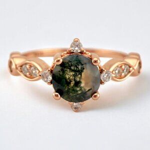 Dainty Natural Moss Agate Ring in 14K Rose Gold Vermeil